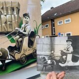Links ist das Graffito an der Hauswand zu sehen, rechts die Original-Fotoaufnahme von Willi Bols‘ Vater.