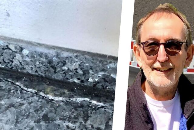 Montage zeigt Klaus Panzlaff aus Recklinghausen neben einer geplatzten Bodenplatte.