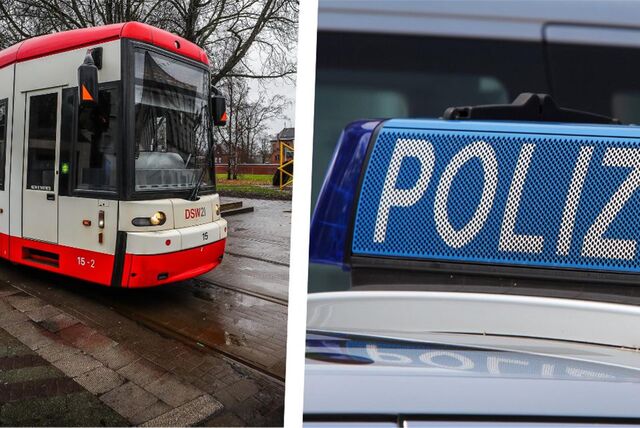 Bildkombo: Stadtbahn an der Haltestelle Wittener Straße in Dortmund und Streifenwagen