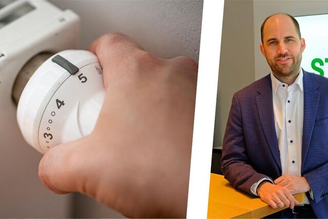 Die Montage zeigt links eine Hand, die an einem Heizungsthermostat dreht, rechts Dirk Wessling, Geschäftsführer der Stadtwerke Recklinghausen