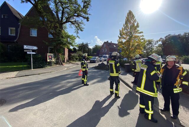 Feuerwehrleute stehen an einer Straße