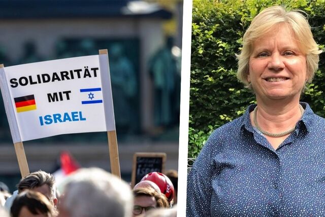 Links: Auf einem Plakat steht „Solidarität mit Israel“ geschrieben. 
Rechts: Gertrud Welper