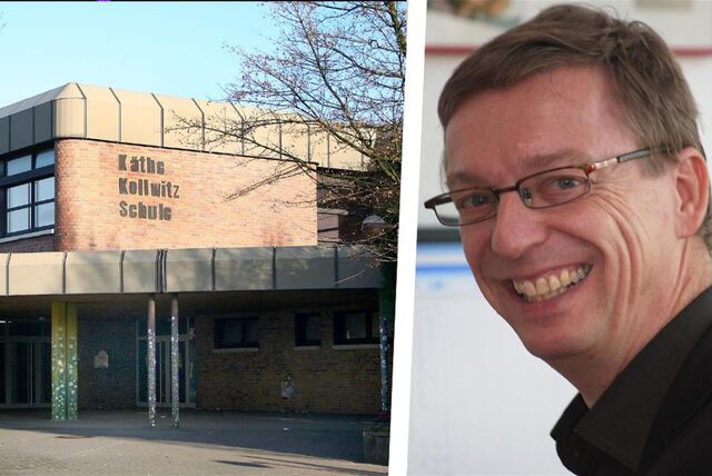 Die Montage zeigt eine Außenansicht der Käthe-Kollwitz-Gesamtschule in Recklinghausen-Süd und Schulleiter Michael Neckenig.
