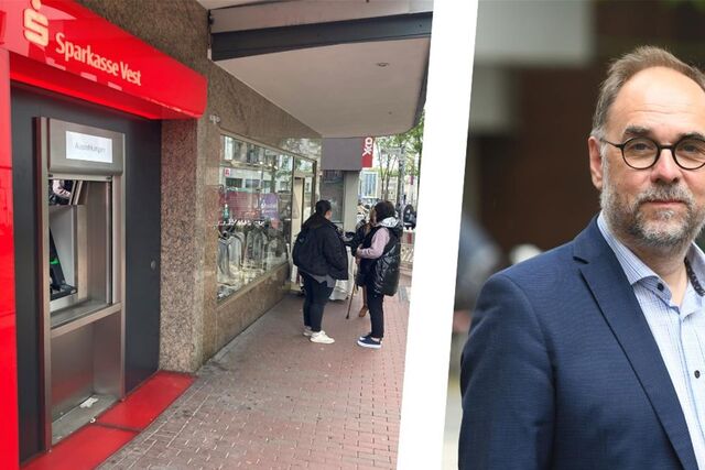 Links der neue Sparkassenautomat an der Schaumburgstraße in Recklinghausen, rechts Sprecher Stefan Fokken