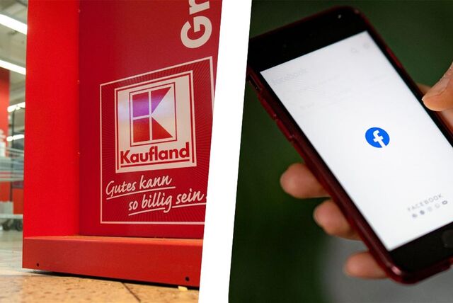 Links das Kauflandlogo in einem Supermarkt, rechts ein Smartphone mit geöffneter Facebook-App