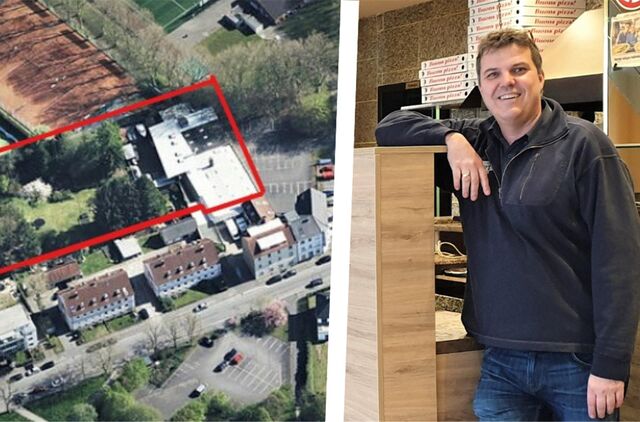 Zu sehen ist ein Luftbild vom Gelände des Handwerkerbetriebs sowie Mathias Sartor.