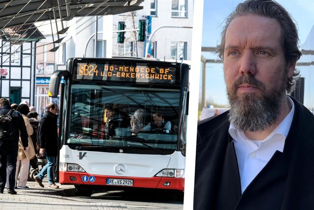 Ein Linienbus der Vestischen steht am Busbahnhof Recklinghausen. Rechts: Vestische-Sprecher Christoph van Bürk.