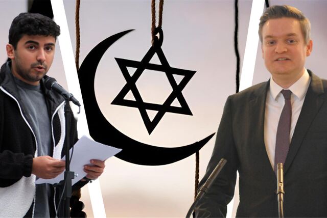 Selim Korkutan (l.), einer der beiden Vorsitzenden der Grünen Jugend in Castrop-Rauxel, und CDU-Politiker Michael Breilmann (r.) vor dem Hintergrund antisemitischer und anti-islamischer Vorfälle in unserer Region. (Montage)