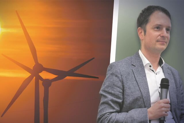 Eine Montage der Ansicht zweier Windräder vor einem Abendhimmel und eines Fotos von Michael Schlüß von BB Wind.
