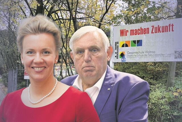 Wissenschaftsministerin Ina Brandes und Arbeitsminister Karl-Josef Laumann vor der Waltroper Gesamtschule.