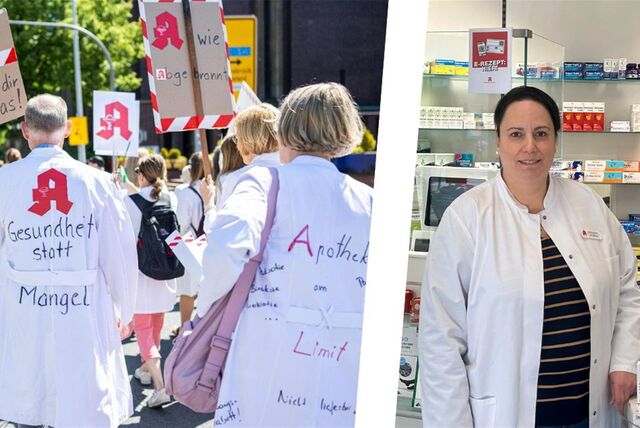 Aufnahme von Apotheker-Kitteln beim Protest im Juni (l.) sowie Irini Zervas in der Quellberg-Apotheke in Recklinghausen.