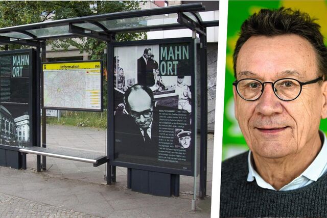 Die Montage zeigt eine als Mahnort umgestaltete Bushaltestelle in Berlin und den grünen Politiker Holger Freitag aus Recklinghausen.