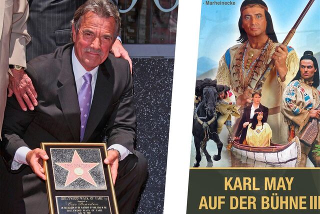Die Montage zeigt links Hollywood-Schauspieler Eric Braeden, wie er 2007 einen Stern auf dem Hollywood Walk of Fame erhielt, rechts das Cover des Buchs „Karl May – Auf der Bühne III“.