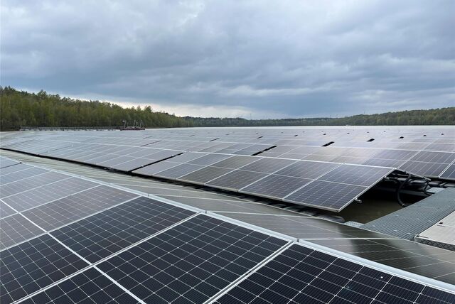 Paletten einer PV-Anlage blinken im Sonnenlicht.