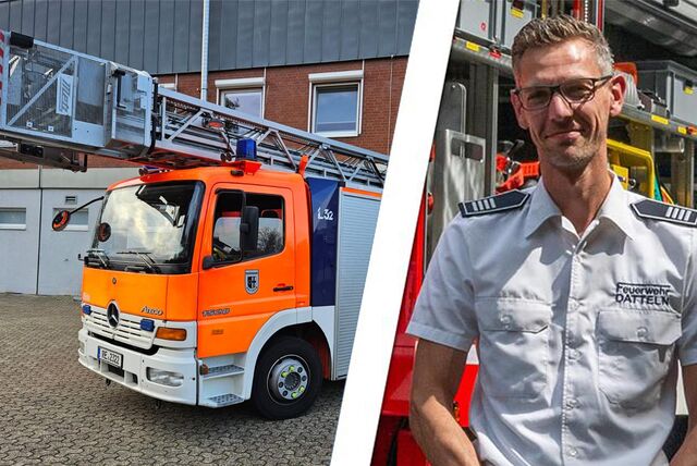 Bildmontage aus dem Leiterwagen der Feuerwehr Datteln und Sebastian Kiffer, dem stellvertretenden Leiter der Feuerwehr Datteln