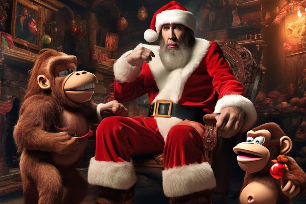 nicolas cage als weihnachtsmann und zwei affen gemalt von einer k i nicolas cage als weihnachtsmann und zwei affen gemalt von einer k i