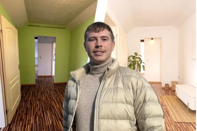 Die Montage zeigt Immobilienmakler Michael Dschaak und gleich zweimal einen Wohnungsflur: Links mit grünen Wänden und vergilbter Tür, links mit weißen Wänden, gut ausgeleuchtet und sauber. Michael Dschaak lahcasel Das