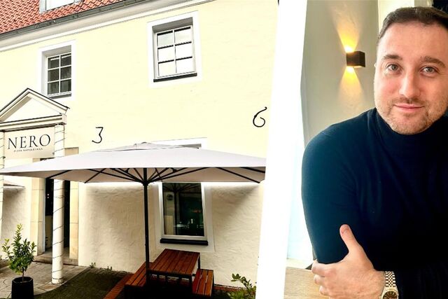Bildkombi zeigt Lorenzo Capelli und eine Außenansicht des Restaurants Nero in Recklinghausen.