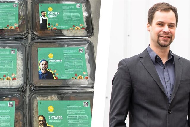 Links eine Auswahl von abgepackten „Homemeal“-Gerichten, rechts Gründer Martin Schmidt