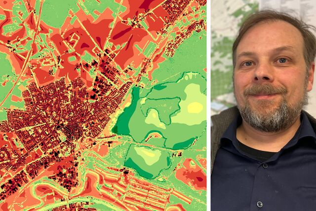 Die Karte verdeutlicht den Grad der empfundenen Hitzebelastung in den einzelnen Bereichen der Stadt an einem heißen Tag. Die tiefroten Bereiche werden als extrem belastend empfunden. Jan Hopf informiert über Halterns Klimaanpassungskonzept.