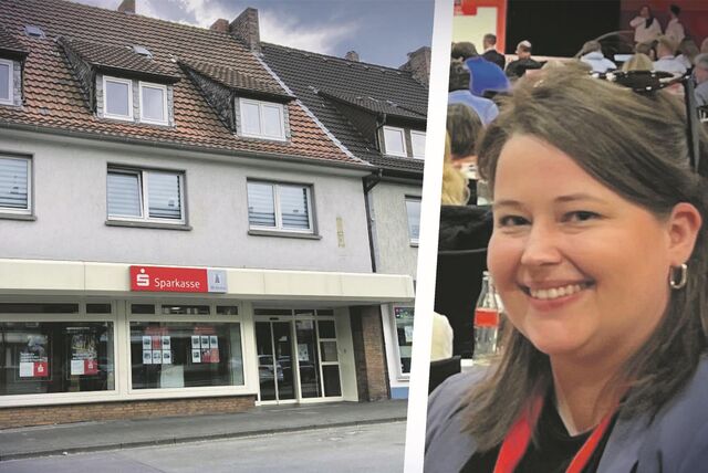Die Bildkombo zeigt die Sparkassen-Filiale Waltrop-Ost und die SPD-Fraktionsvize Vanessa Meiritz.