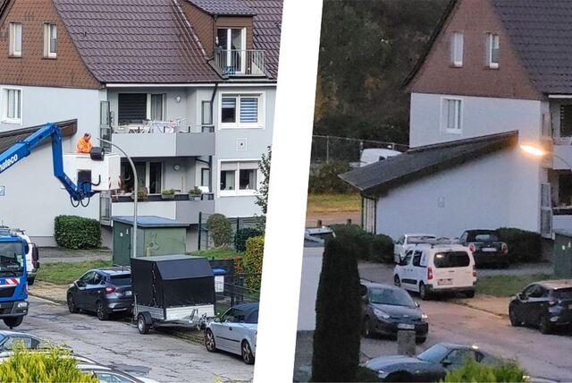 Die Bildkombi zeigt die Laternenreparatur und die leuchtende Laterne am Abend.