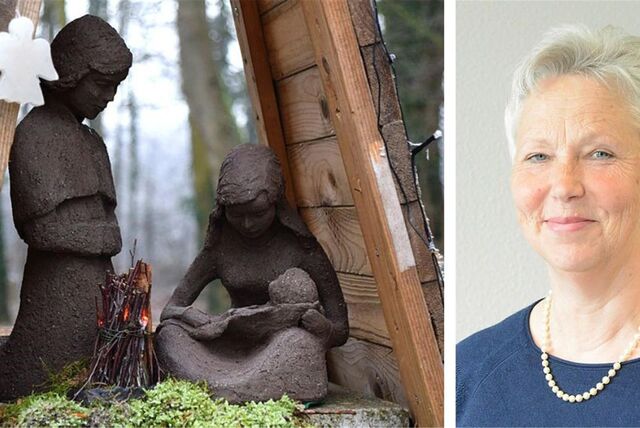Krippenfiguren, daneben ein Bild von Barbara Hatebur, Organisatorin des Krippenwegs in Sythen