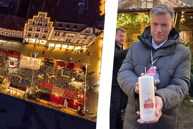 Bürgermeister Christoph Tesche präsentiert die Recklinghäuser Weihnachtskerze (r.) und eine Luftaufnahme vom beleuchteten Weihnachtsmarkt auf dem Altstadtmarkt.