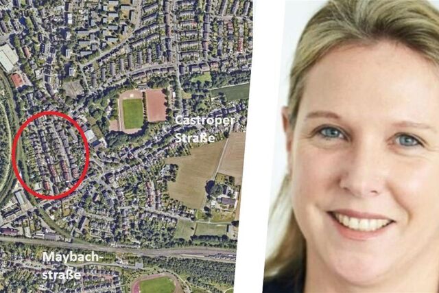 Die Bildkombi zeigt Westnetz-Sprecherin Katrin Frendo und das Areal rund um die Straße Am Pläsken in Recklinghausen.