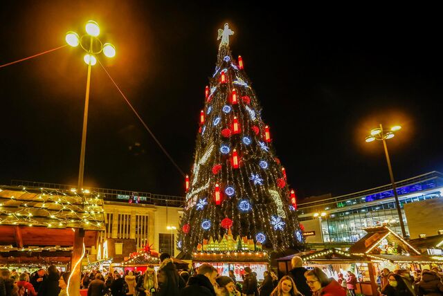 Der größte Weihnachtsbaum der Welt steht beim Weihnachtsmarkt in Dortmund auf dem Hansaplatz..