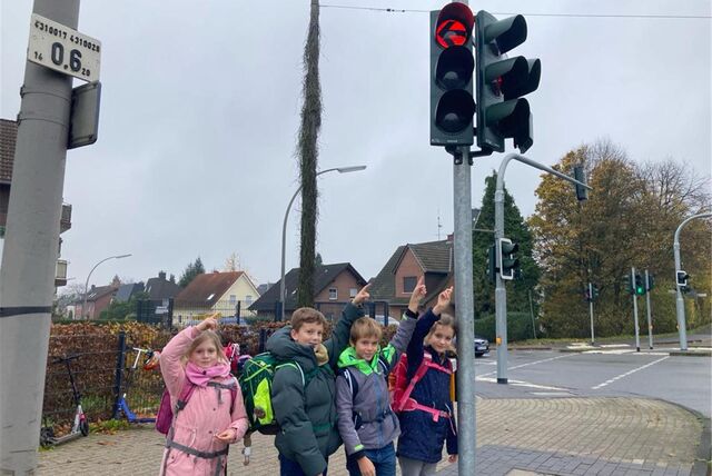 Leni (9), Paul (8), Fabian (8) und Nele (8) zeigen auf die Ampel an der Kreuzung Münsterstraße/Nordring, die jüngst ausgefallen ist.