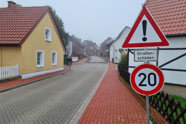 Ein Tempo-20-Schild steht an einer schmalen Straße.