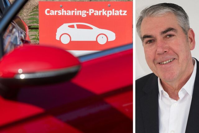 Vor einem Carsharing-Parkplatzschild steht ein rotes Auto. Daneben ein Porträt von Stephan Schweitzer.