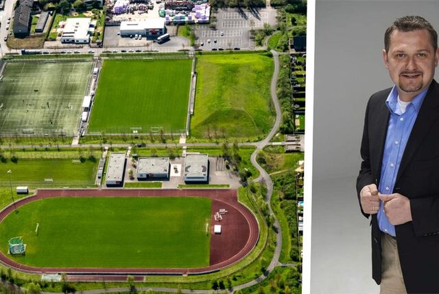 Das Luftbild zeigt es, wie eng ETG (vorne) und FC/JS Hillerheide räumlich beheimatet sind. Eine Fusion beider Vereine macht aber aus mehreren Gründen Sinn, findet Christoph Drozda (rechts), Vorsitzender der ETG.