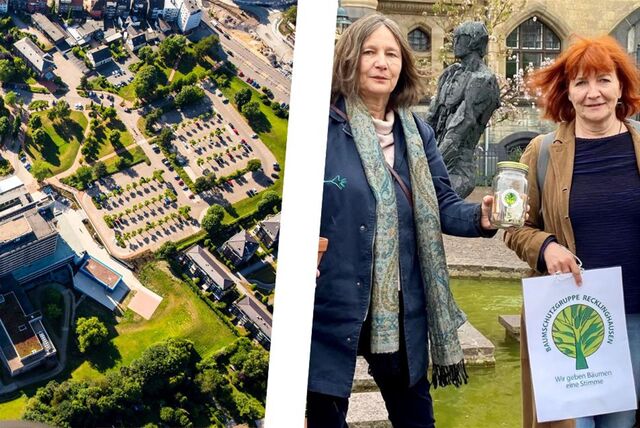 Montage zeigt ein Luftbild des Prosper-Hospitals in Recklinghausen sowie die Baumschützerinnen Bettina Hahn und Leoni Buscher