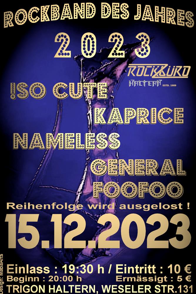 Das Veranstaltungsplakat für die Rockband des Jahres 2023 im Trigon in Haltern.