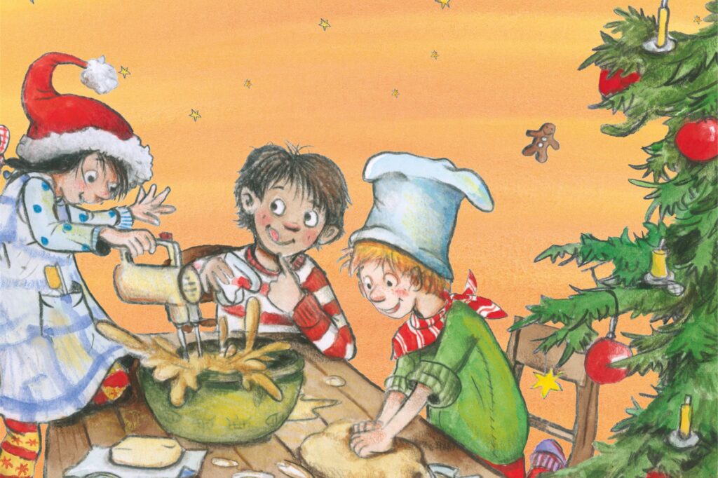 Drei gezeichnete Kinder rühren und kneten Plätzchenteig.