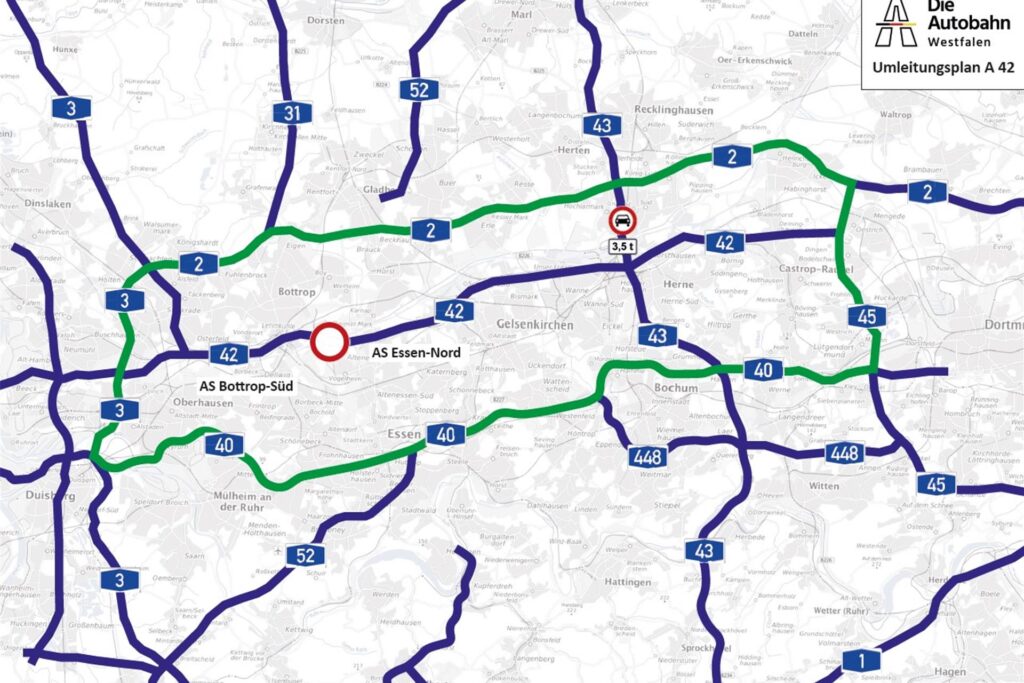 Die A42 ist gesperrt, dafür gibt es Umleitungsrouten.