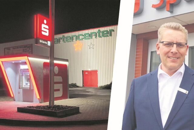 Die Bildkombo zeigt den neuen Sparkassen-Kubus neben dem Waltroper Marktbereichsleiter Gerald Höwener.
