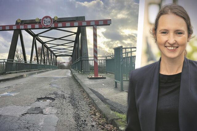 Die Montage zeigt Schlaglöcher vor der Kanalbrücke auf der Lohburger Straße sowie Stadtplanerin Jeanette Sebrantke.