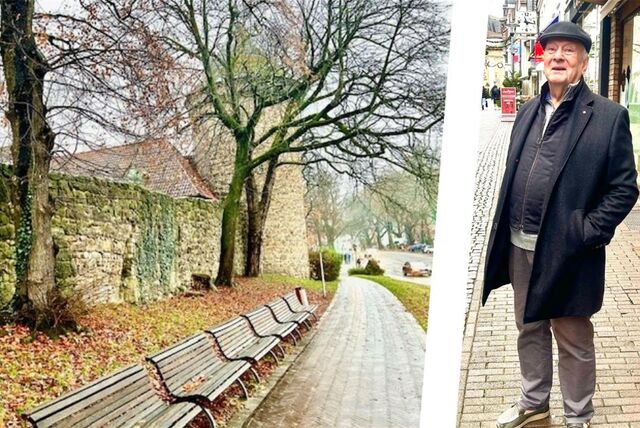Die Bildkombi zeigt ein Stück Stadtmauer am Herzogswall und Wolfgang Bauer.