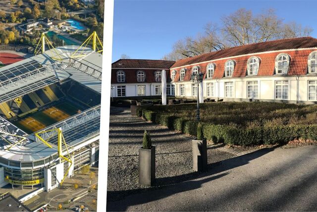 Bildkombo: links Luftbild vom Signal-Iduna-Park in Dortmund, rechts Parkansicht des Hotels Vienna House Easy in Castrop-Rauxel.