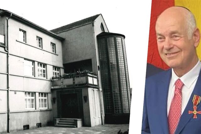 Die Bildkombi zeigt die Synagoge neben dem Polizeipräsidium und Manfred de Vries.