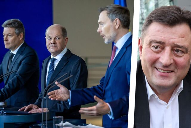 Links Bundesfinanzminister Robert Habeck, Bundeskanzler Olaf Scholz und FDP-Vorsitzender Christian Lindner, links FDP-Kreisvorsitzender Mathias Richter