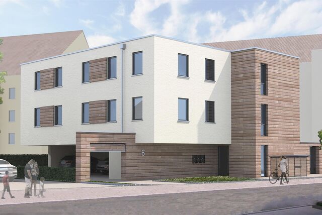 3-D-Visualisierung des Mehrfamilienhauses von der Straßenansicht.