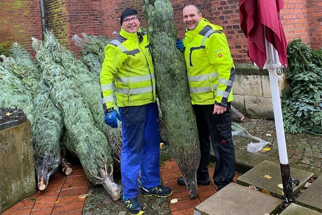 Andreas Geldmann (l.) und Christian Kopp stehen auf dem Marktplatz in Haltern am See und halten gemeinsam einen Tannenbaum.