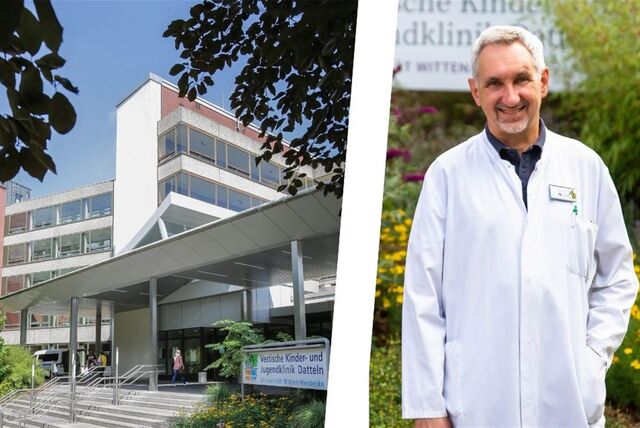 Außenansicht des Gebäudes der Vestischen Kinderklinik und ihr Chefarzt Prof. Dr. Michael Paulussen.