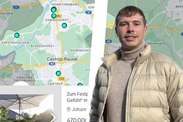 Eine Montage zeigt eine Karten mit eingezeichneten Immobilienangeboten und den Makler Michael Dschaak.