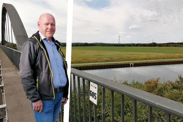 Bildmontage: Ratsvertreter Torsten Heymann im Vordergrund, im Hintergrund der Dortmund-Ems-Kanal, die Drucks-Brücke und das Areal „Im Dicken Dören“.