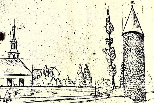 Zeichnung des mittelalterlichen Quadenturms am Herzogswall in Recklinghausen.